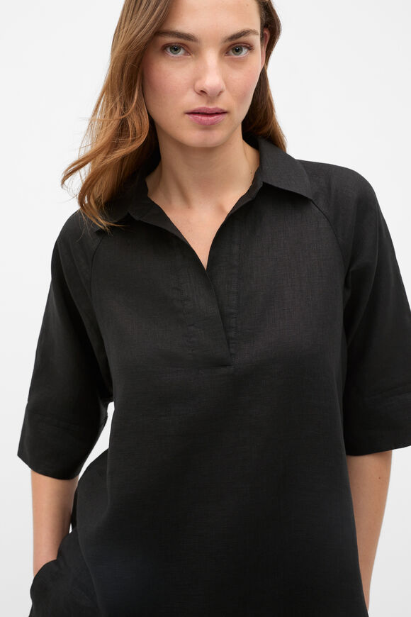 Core Linen Half Placket Popover  Black  hi-res
