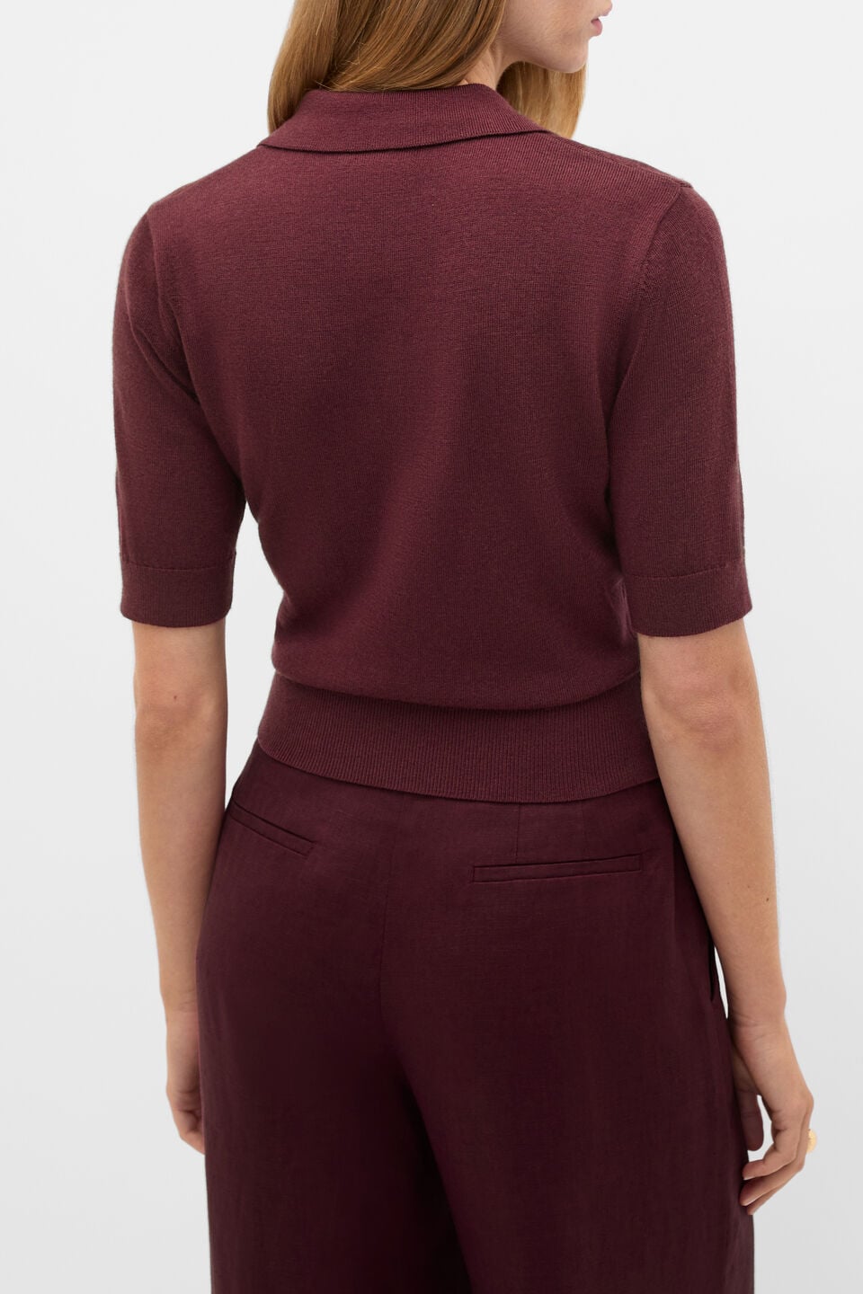 Australian Merino Knit Polo Top  Plum Red