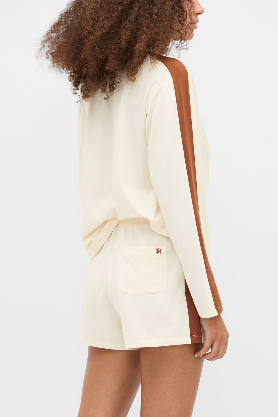 Contrast Long Sleeve Top and Short PJ Set  Egg Shell