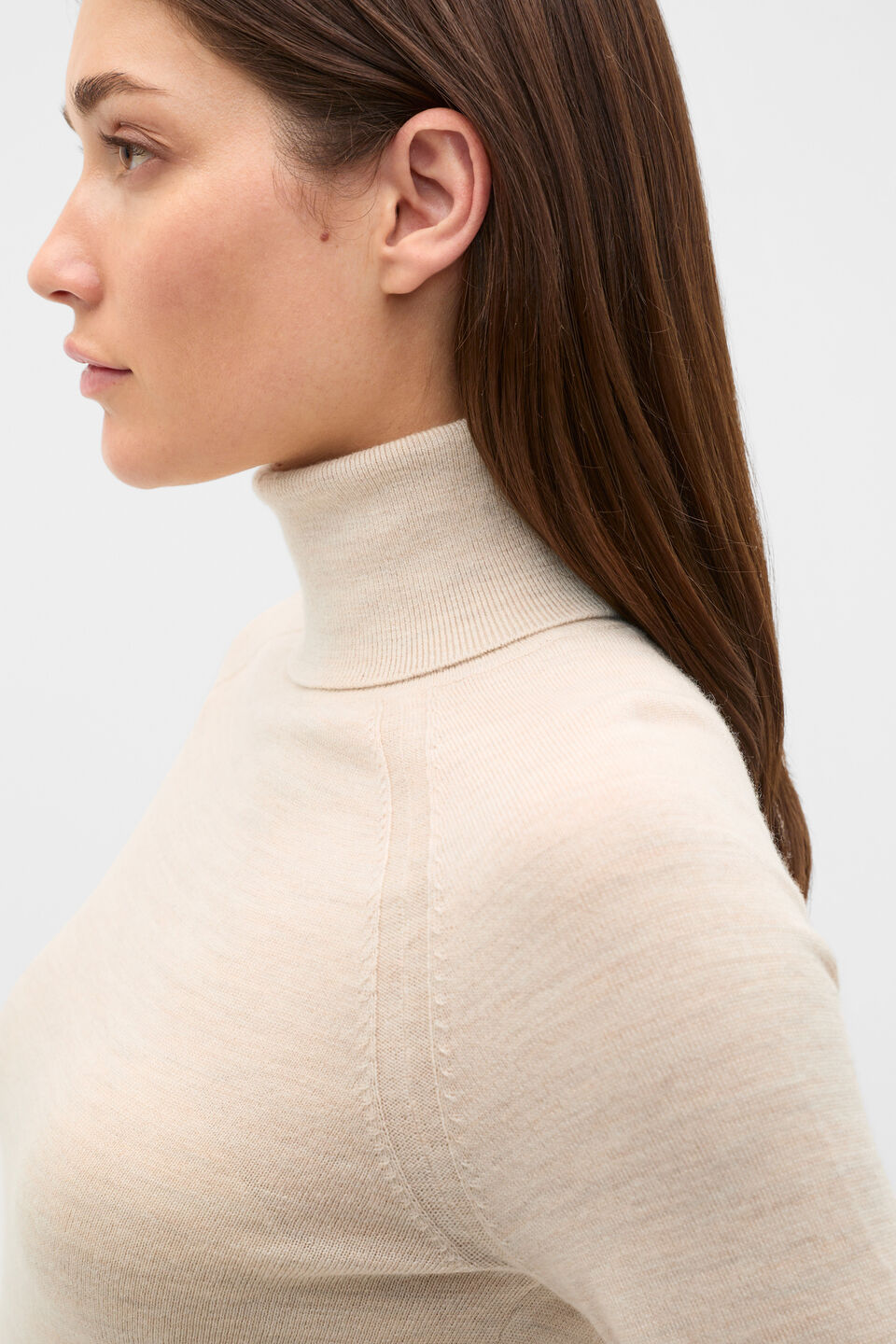 Merino Roll Neck Raglan Knit  Cashew Cream Marle
