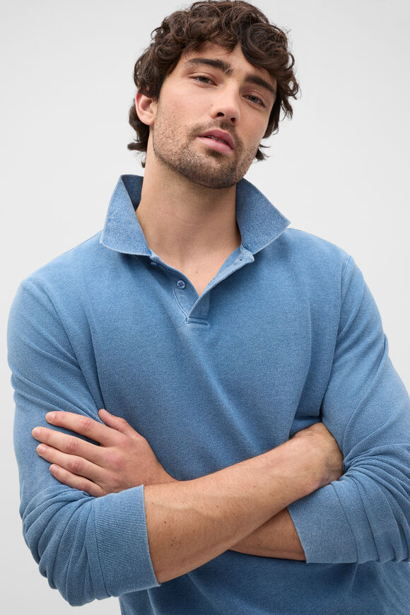 Indigo Long Sleeve Pique Polo  Indigo  hi-res