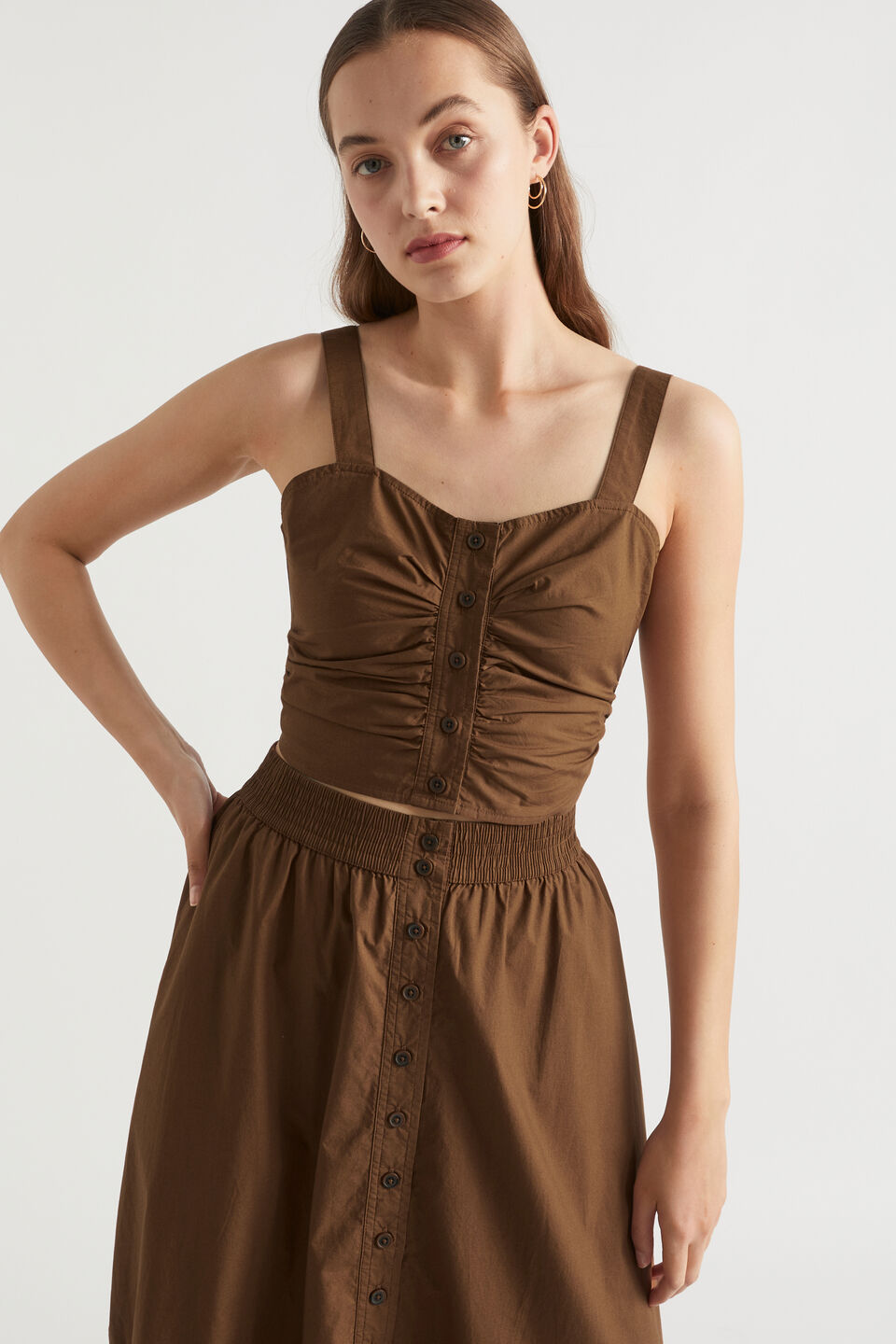 Poplin Button Through Top  Pecan Brown
