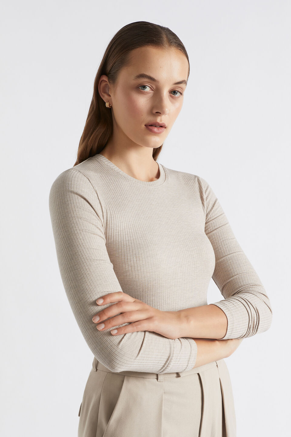 Core Rib Crew Neck Top  Light Storm Marle