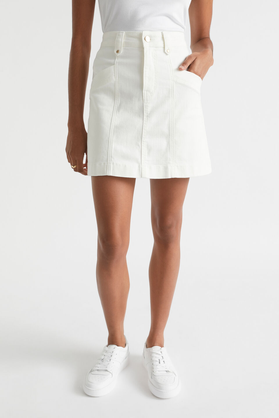 Denim A Line Seamed Skirt  Cloud Cream