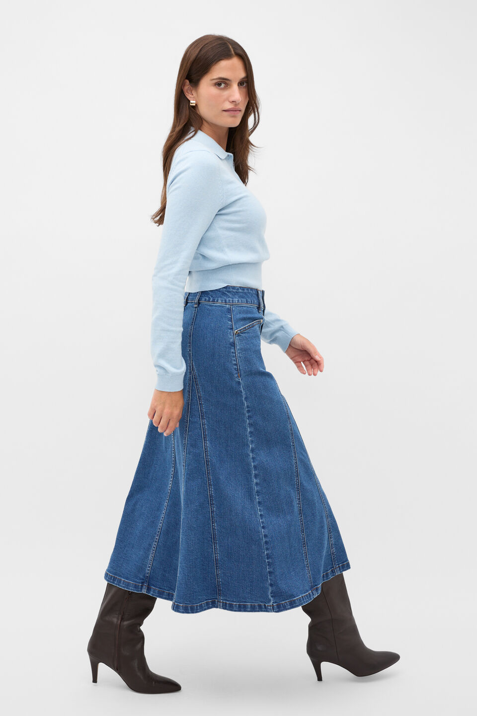 Denim Panelled A Line Skirt  Mid Indigo Denim