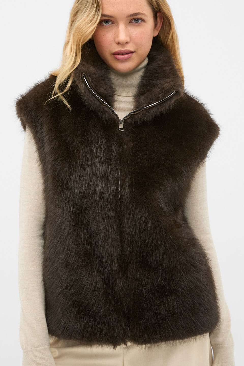 Faux Fur Zip Through Vest  Coffee Bean
