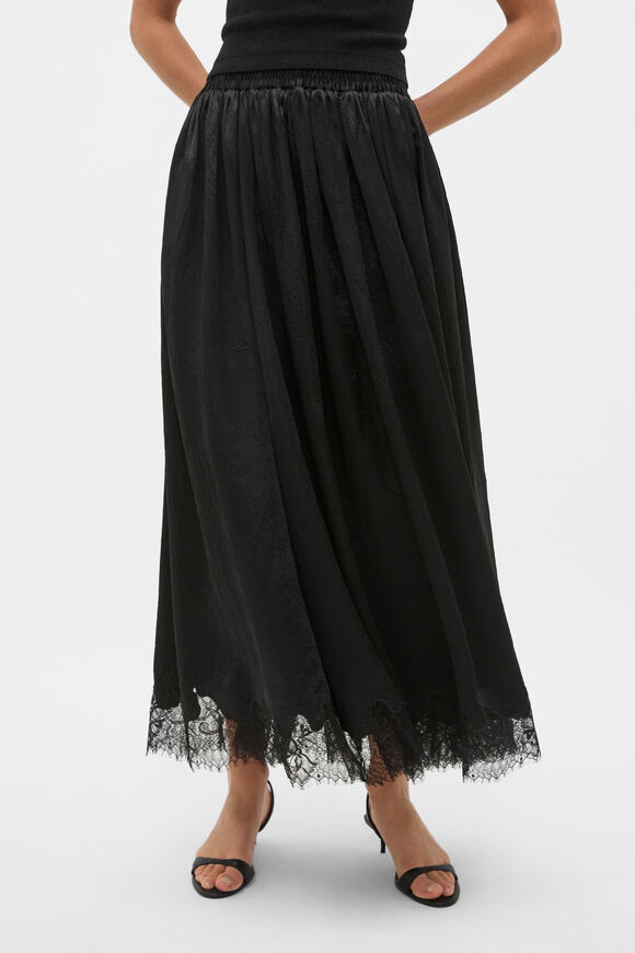 Crinkled Satin Lace Trim Skirt  Black  hi-res