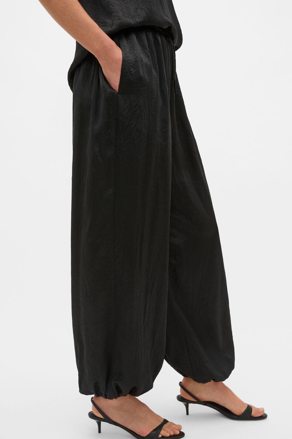 Gathered Satin Genie Pant  Black