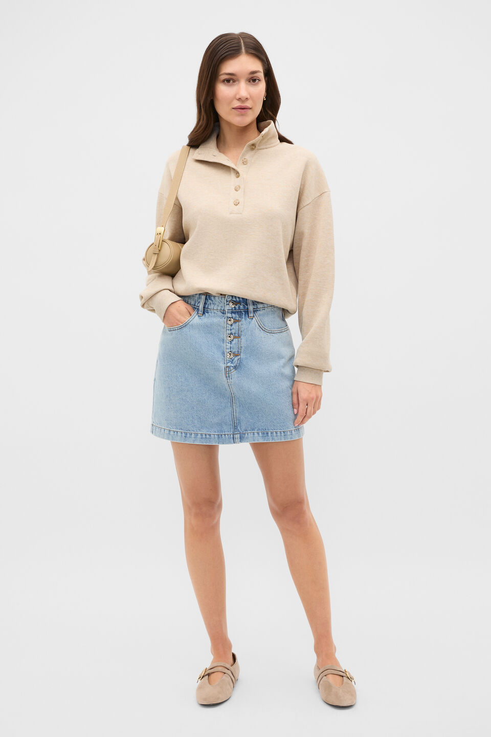 Cotton Rib Funnel Neck Sweat  Cashew Cream Marle