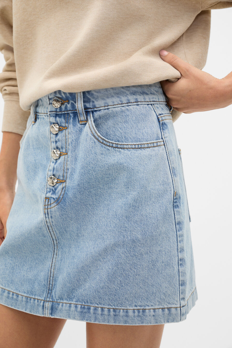 Denim Mini Button Through Skirt  Breeze Blue Wash