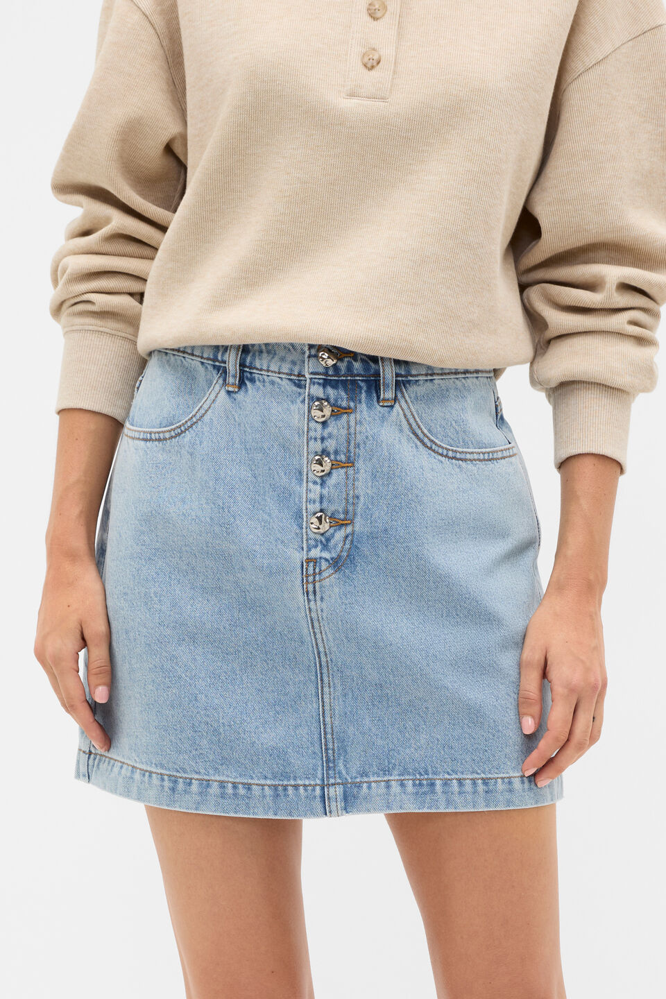 Denim Mini Button Through Skirt  Breeze Blue Wash