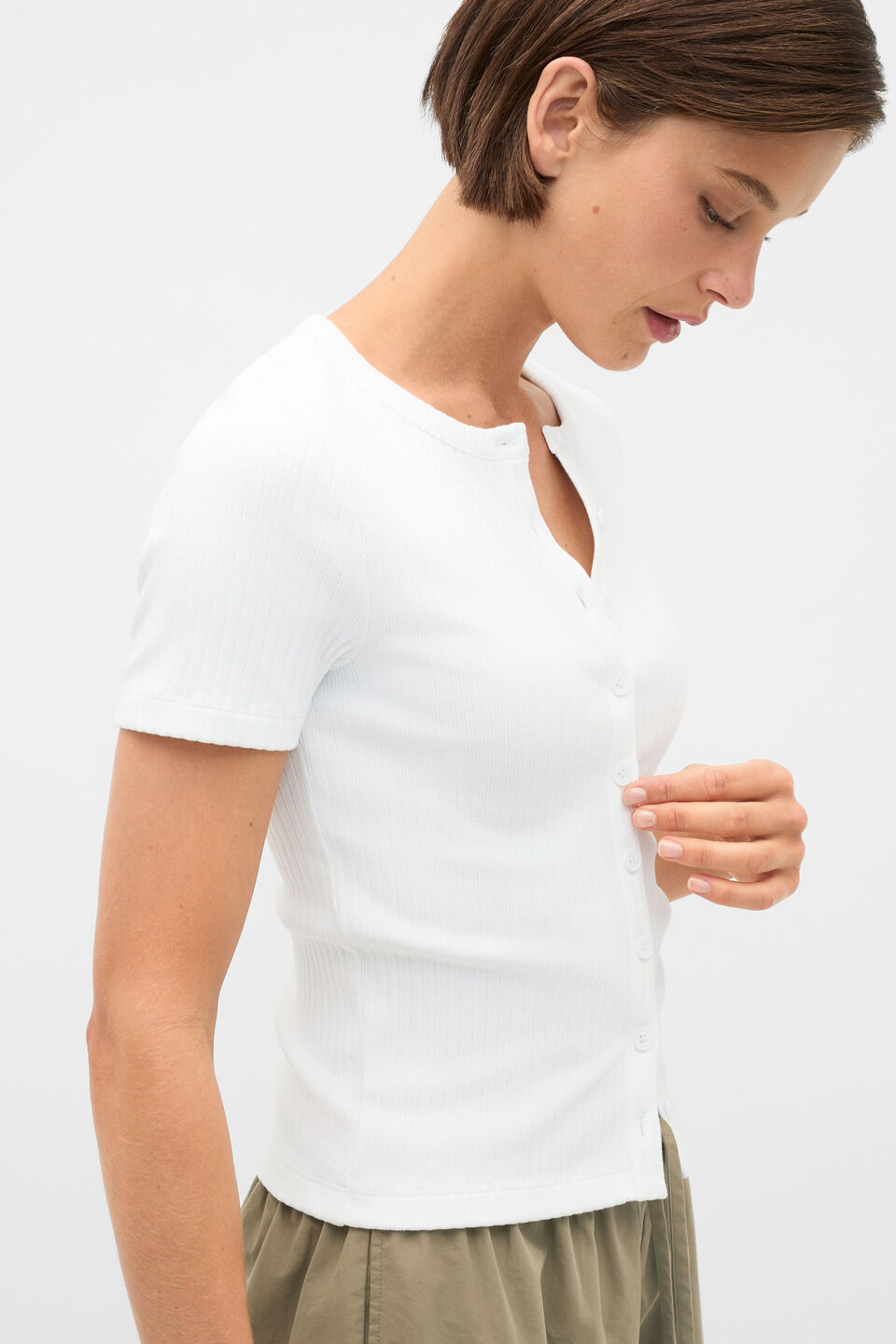 Button Through Rib Top  Whisper White