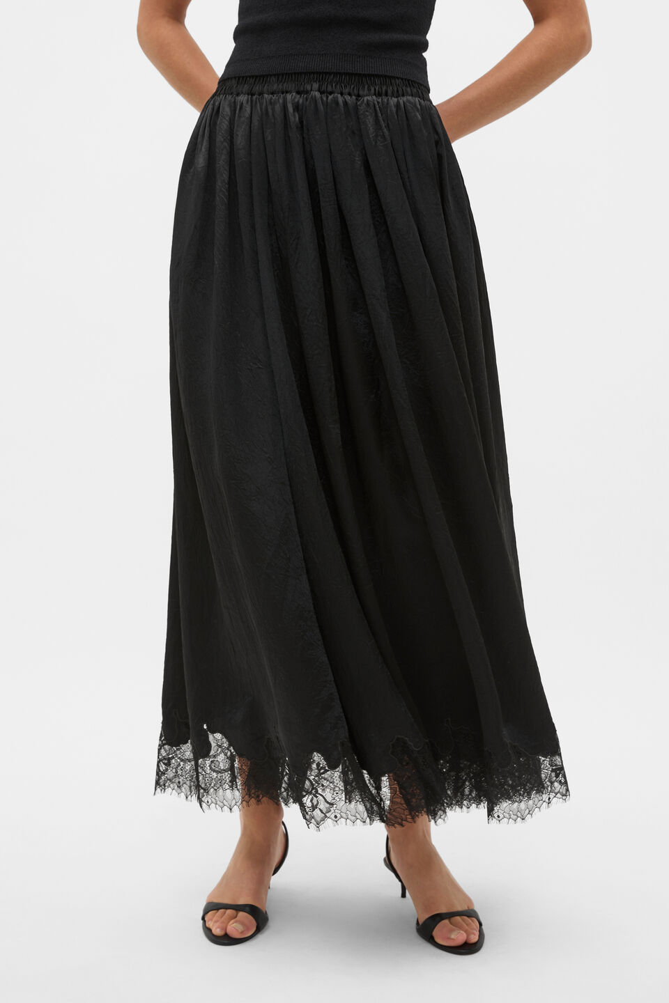 Crinkled Satin Lace Trim Skirt  Black