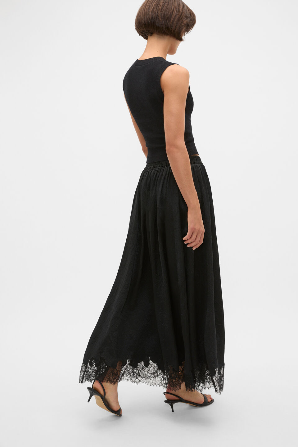 Crinkled Satin Lace Trim Skirt  Black