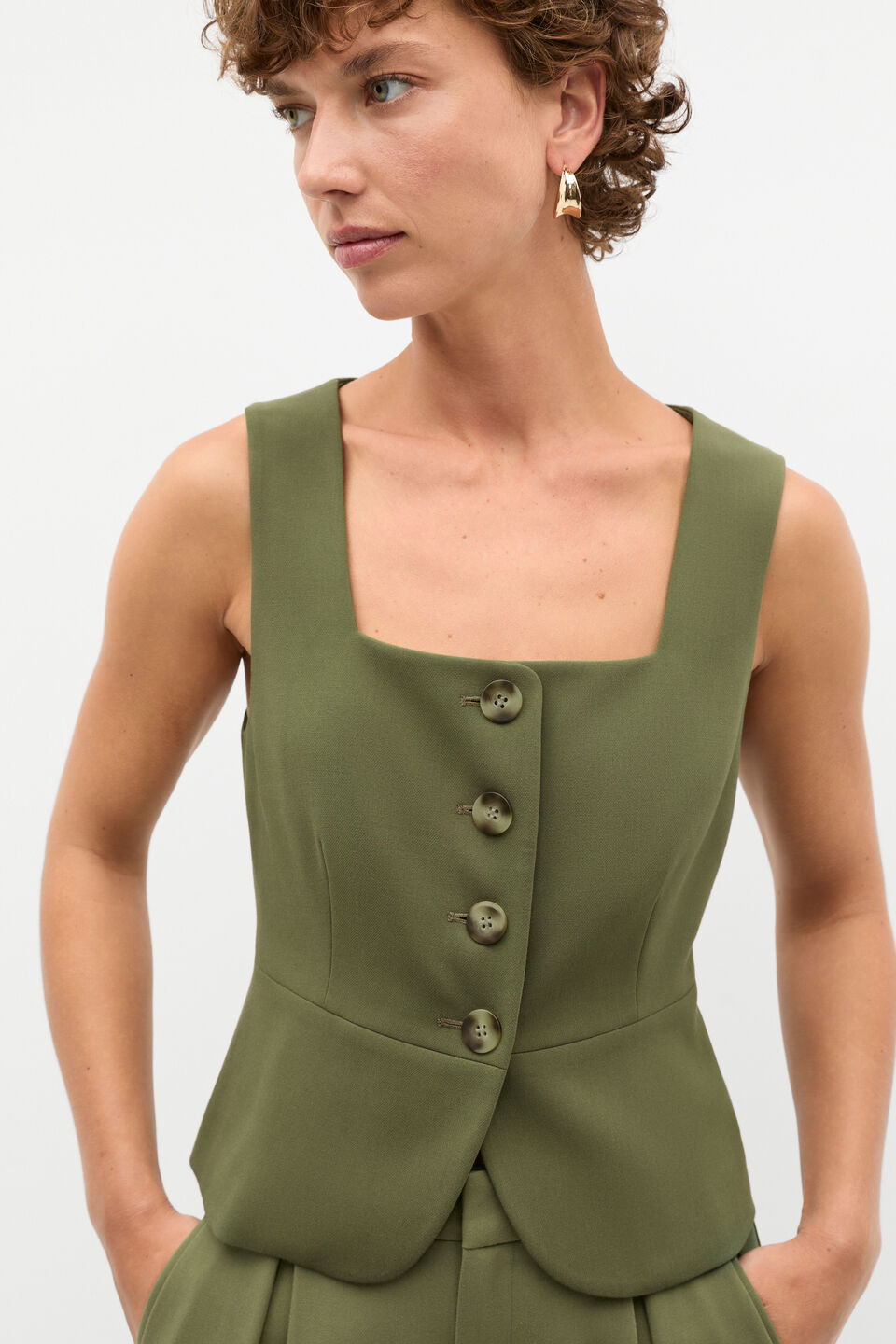 Waisted Button Down Suit Vest  Rainforest