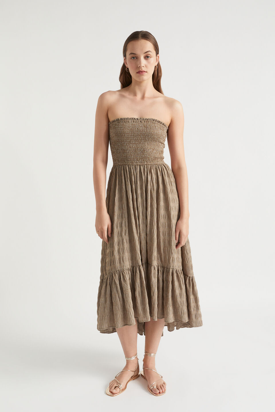 Textured Gingham Strapless Midi Dress  Pecan Brown Gingham