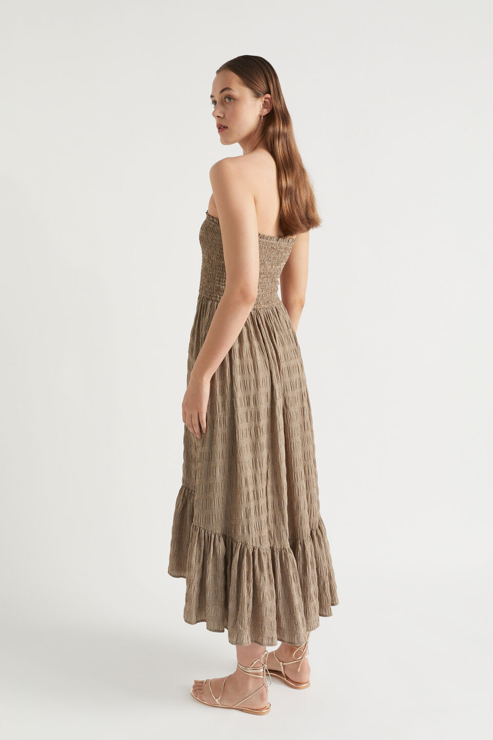 Textured Gingham Strapless Midi Dress  Pecan Brown Gingham