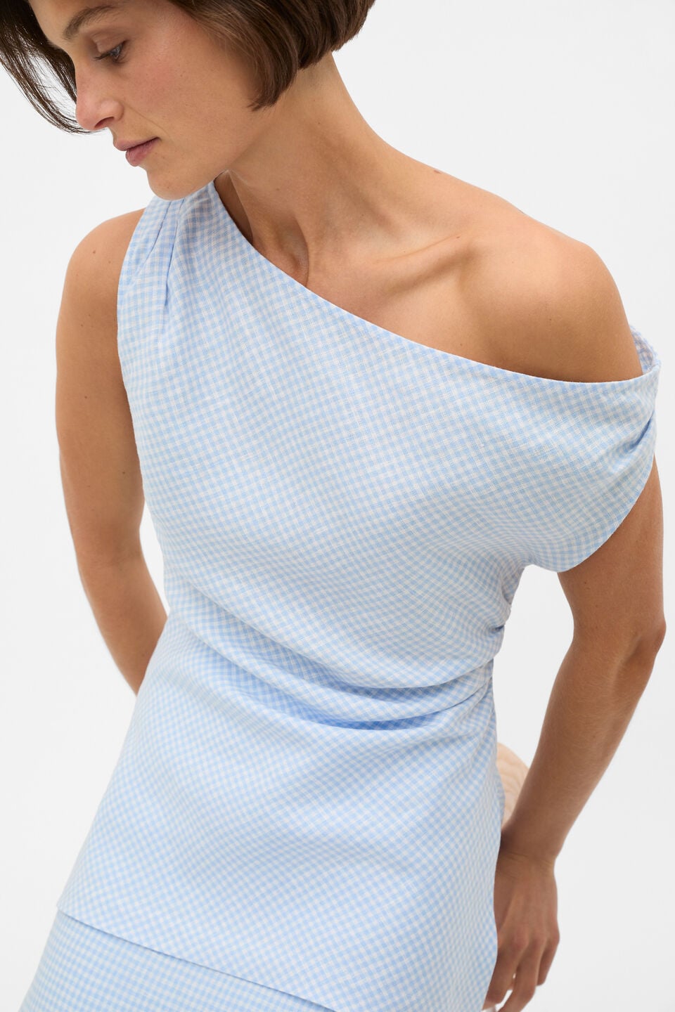 Linen Gingham Asymmetrical Top  Chalk Blue Gingham