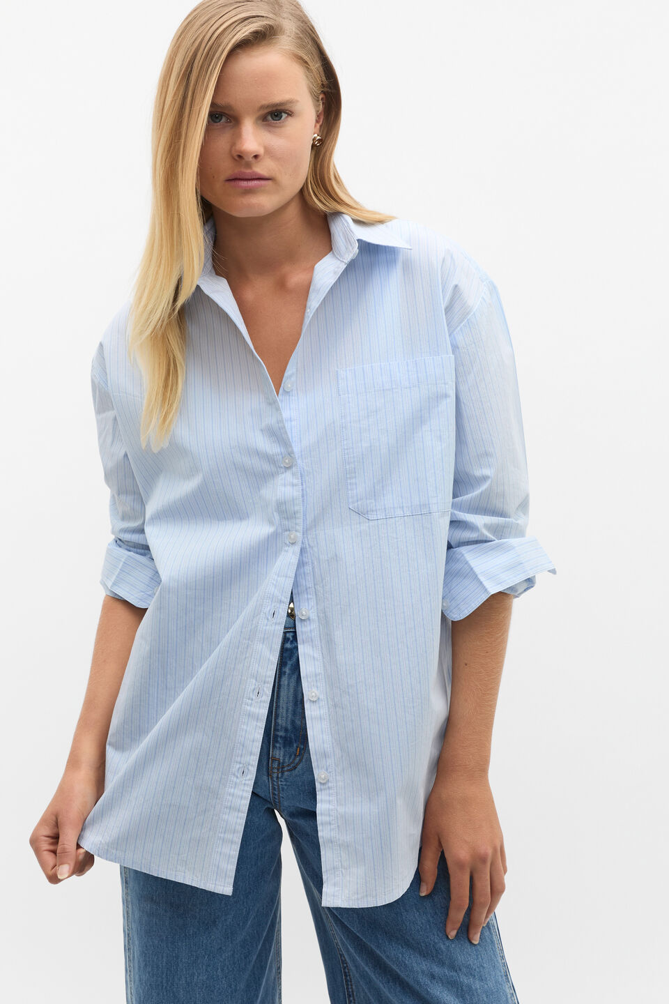 Poplin Pocket Front Shirt  Ice Blue Stripe