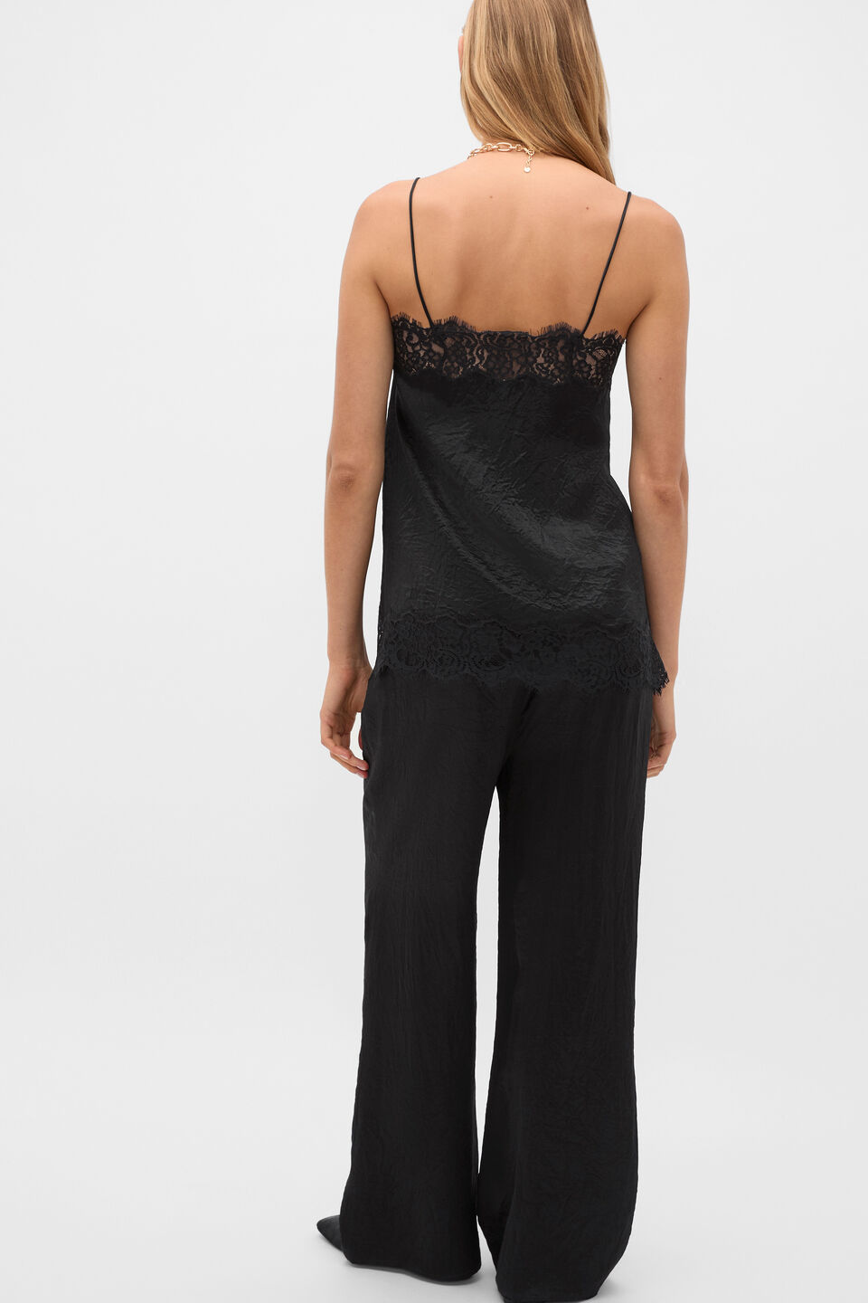 Crinkled Satin Lace Square Neck Cami  Black