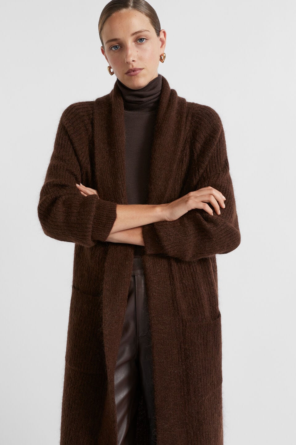 Mohair Blend Rib Cardigan  Dark Espresso Marle
