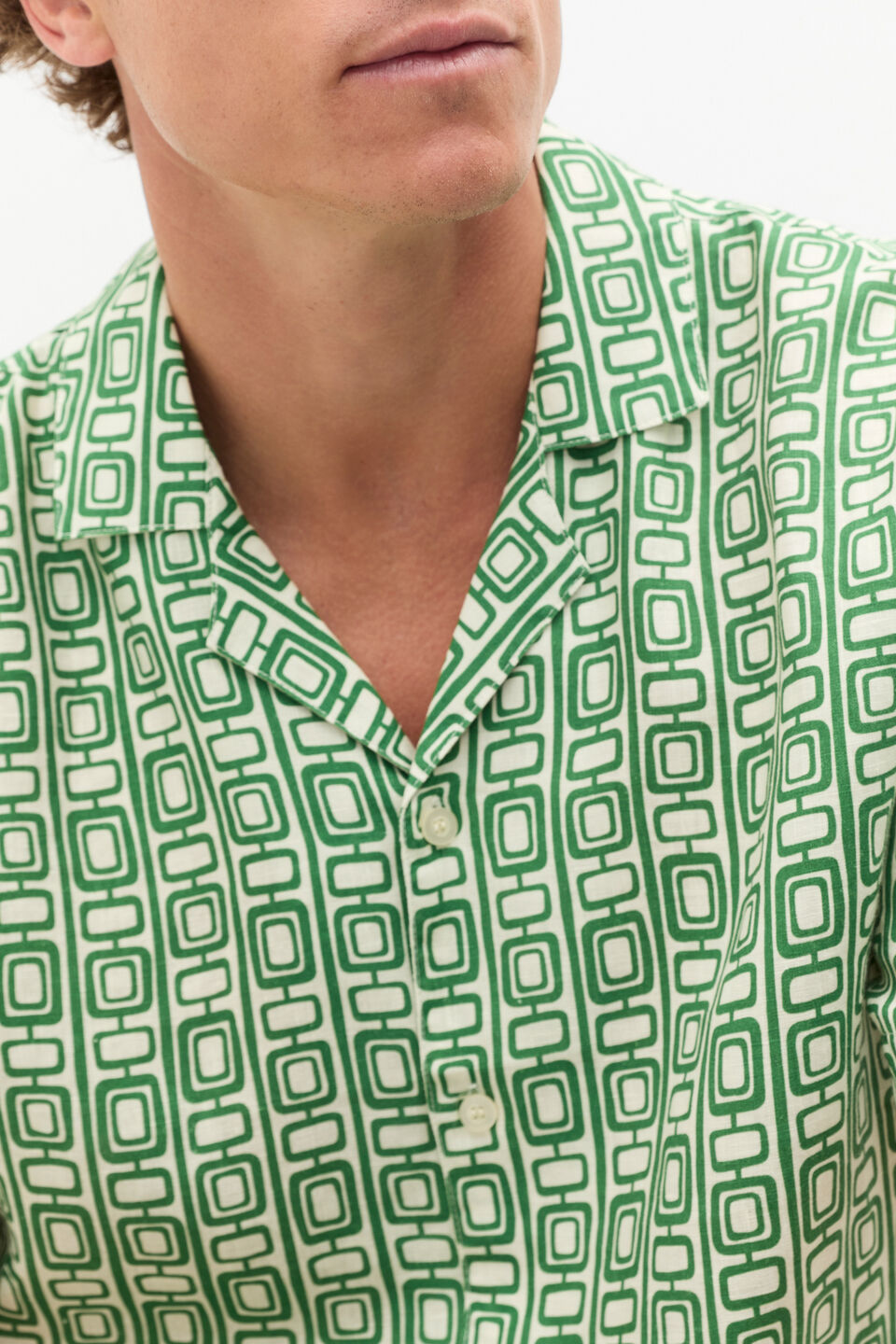 SS Geo Print Lin Shirt  Pea Green