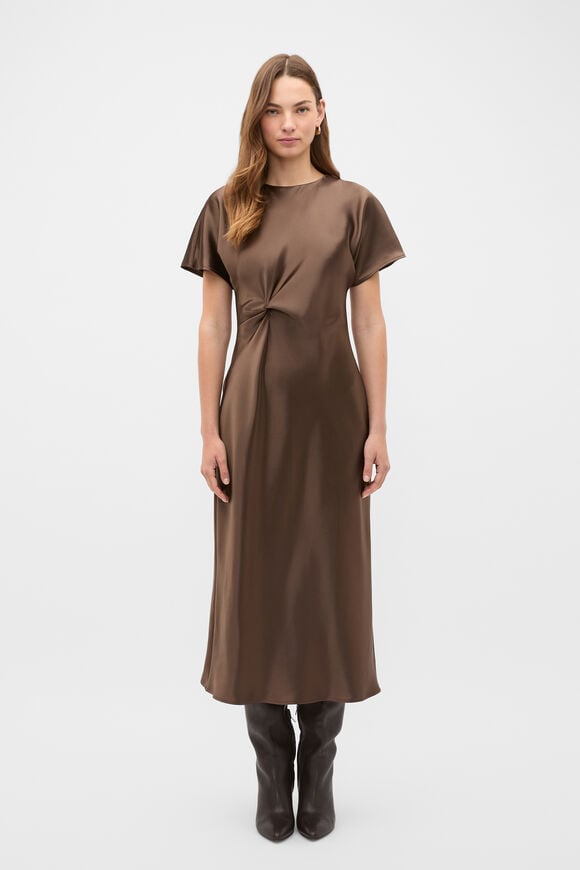 Satin Knot Front Dress  Chestnut  hi-res