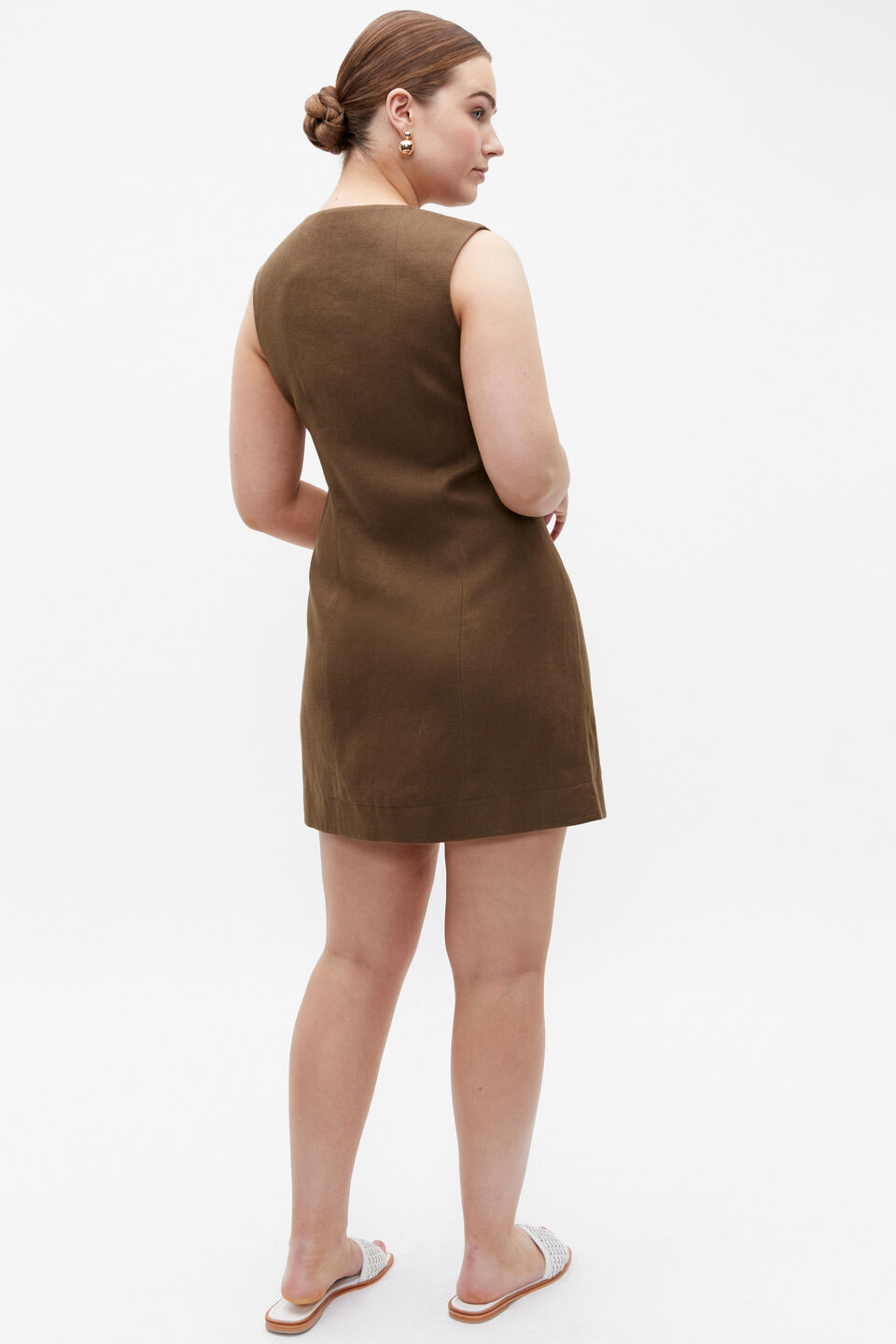 Linen Button Through Mini Dress  Dark Praline