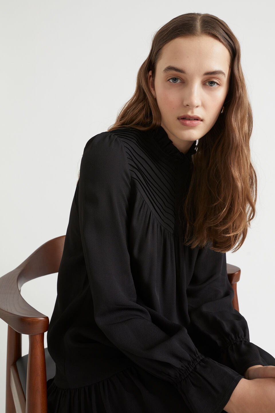 Twill Pintuck Mini Dress  Black