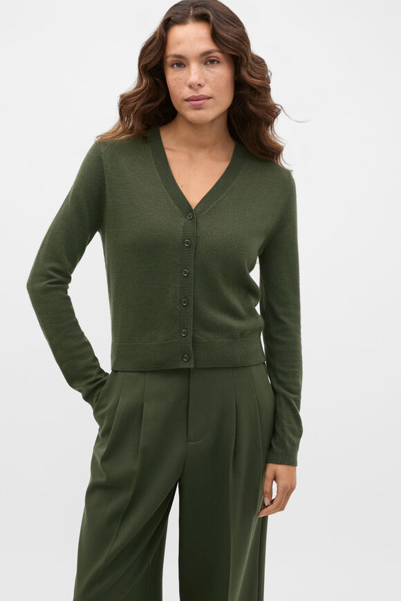 Australian Merino V Neck Cardigan  Deep Forest  hi-res