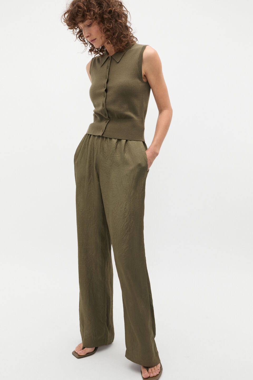 Merino Button Through Knit Vest  Olive Leaf