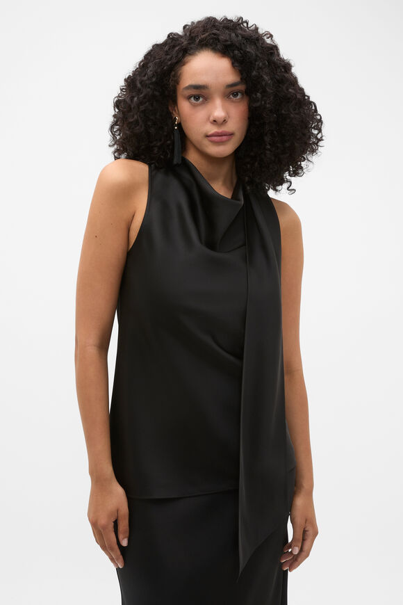 90s Satin Wrap Neck Top  Black  hi-res