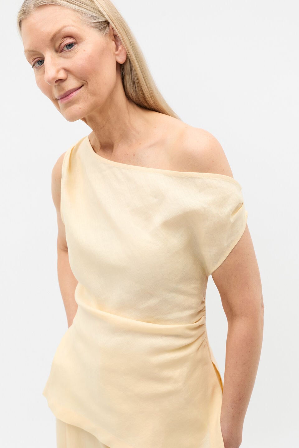 Linen Draped Shoulder Top  Shortbread