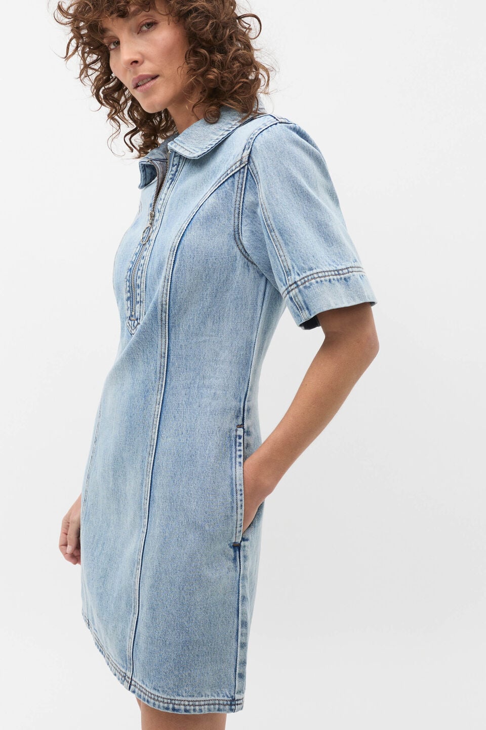 Denim Zip Mini Shirt Dress  Blue Wash