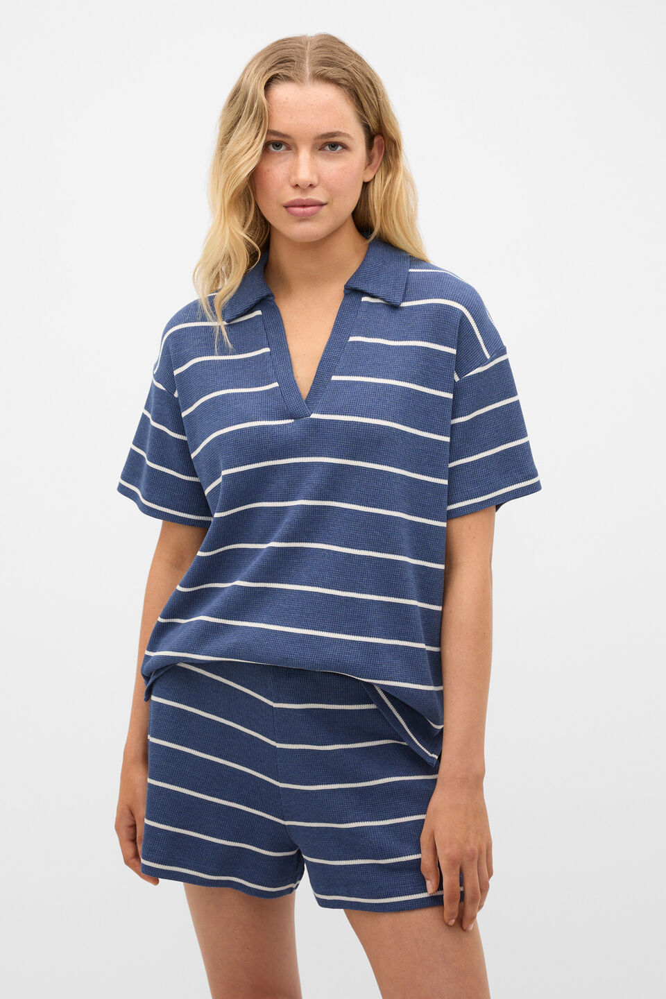 Waffle Stripe Shirt and Short PJ Set  Royal Blue Marle
