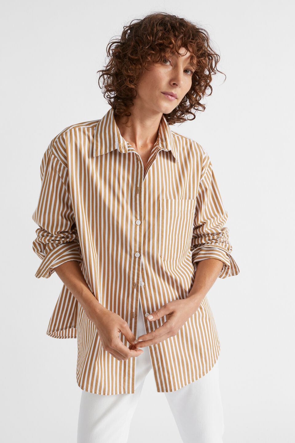 Poplin Pocket Front Shirt  Honey Gold Stripe
