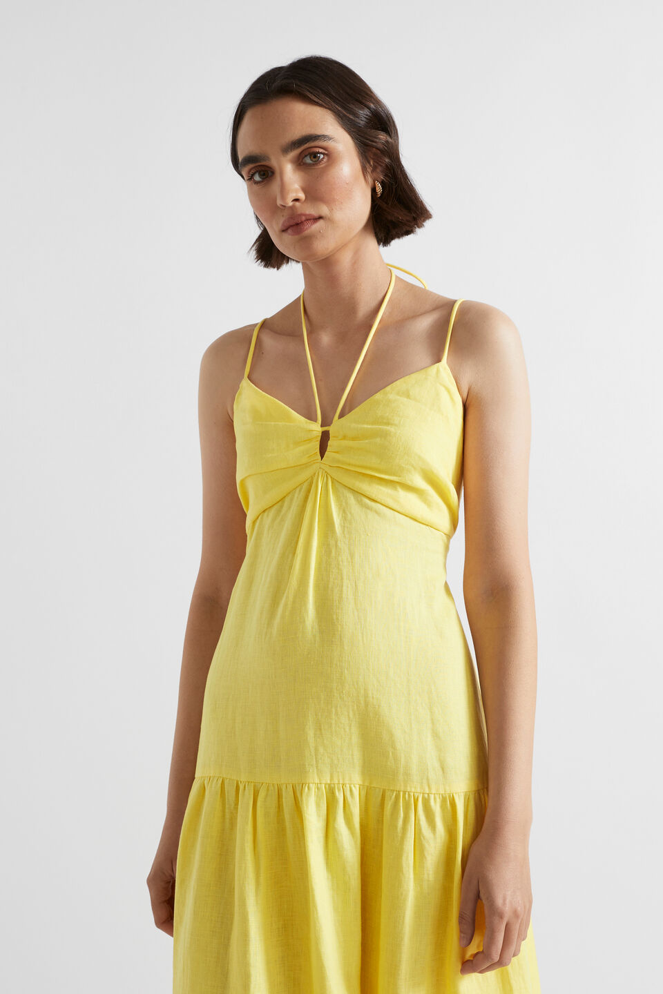 Linen Tiered Halter Maxi Dress  Lemon Drop
