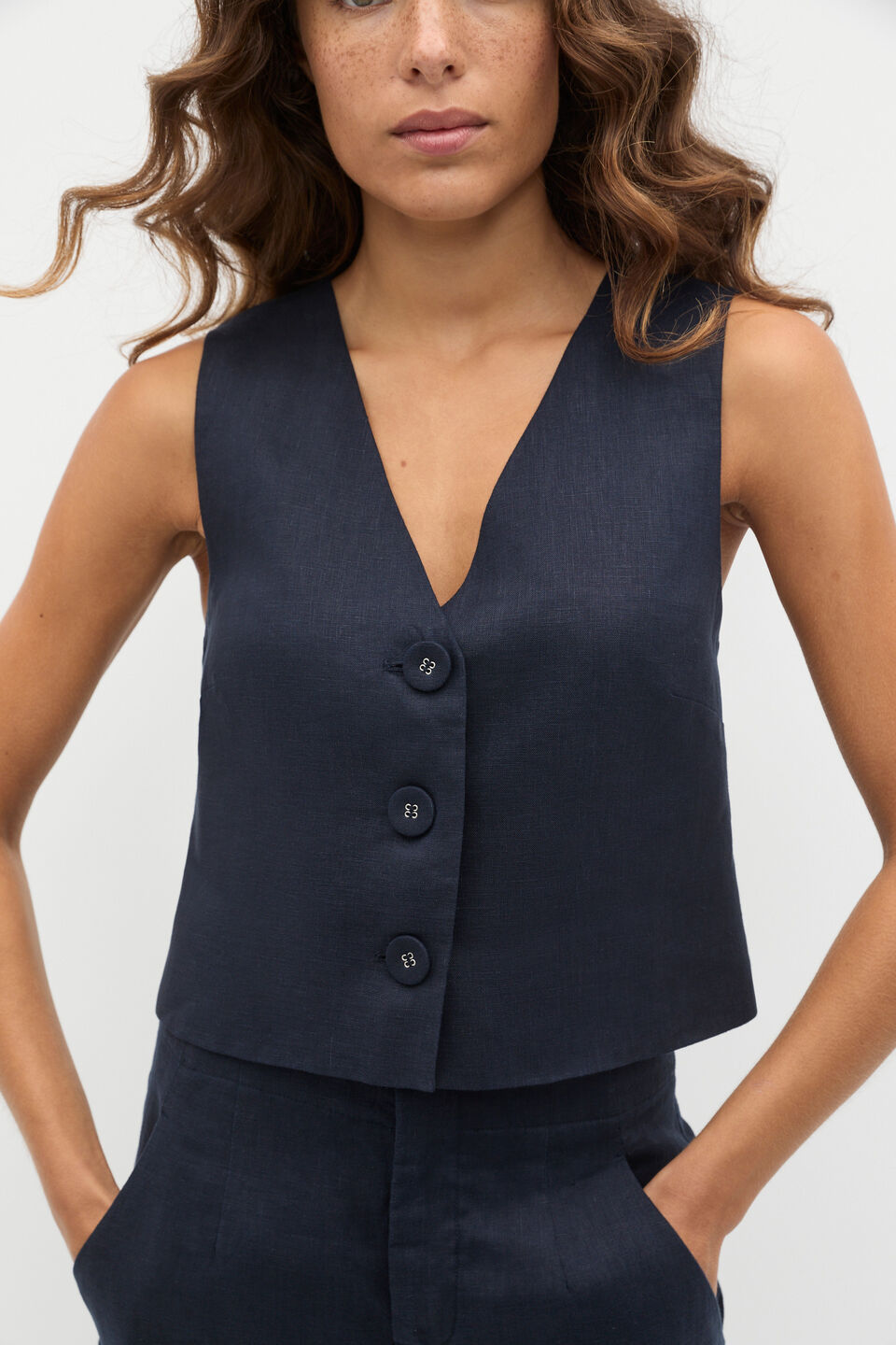 Linen V Neck Button Shell  Twilight Blue