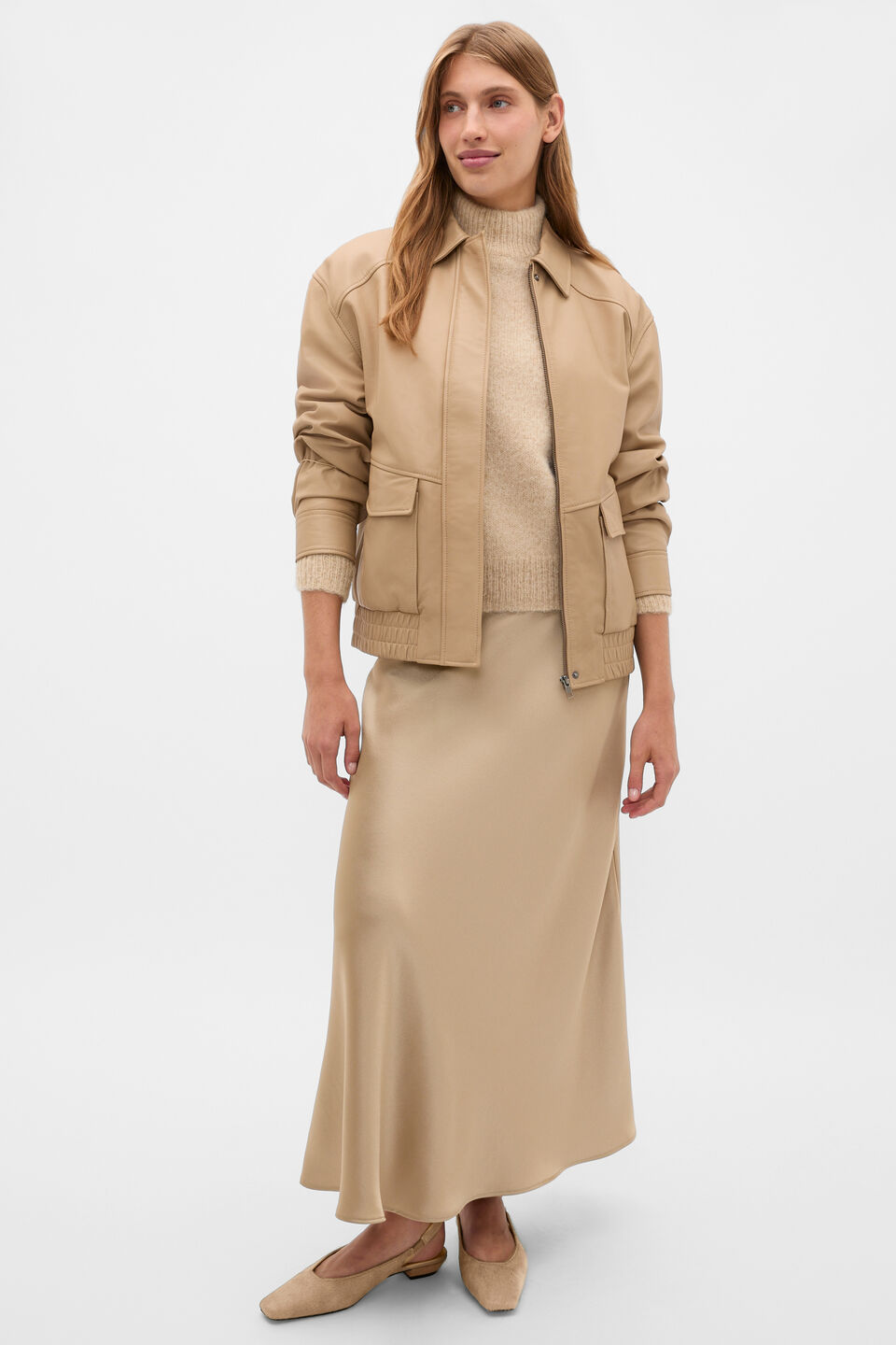 Leather Bomber Jacket  Sandstone