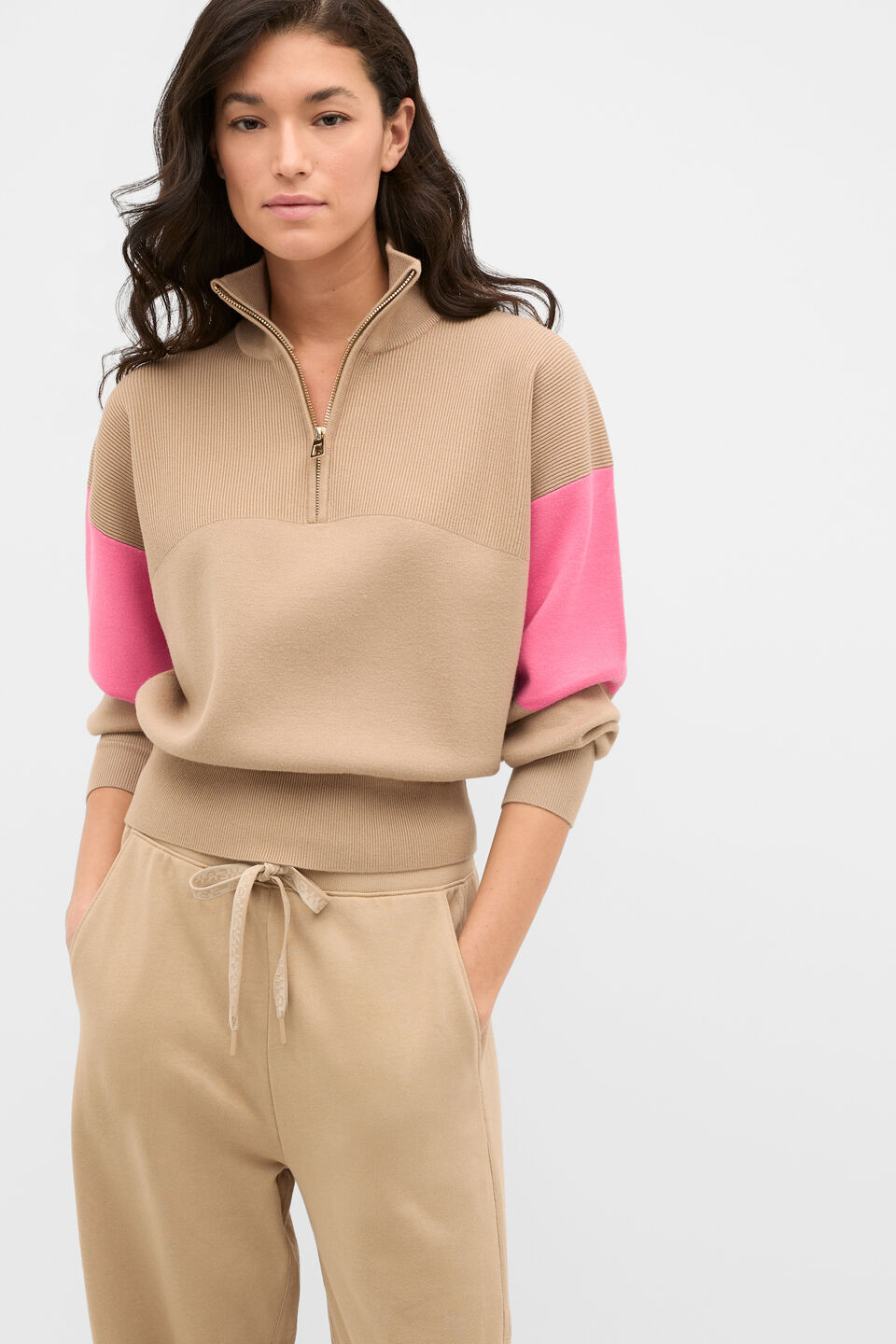 MD Contrast Zip Through Knit  Sandstone
