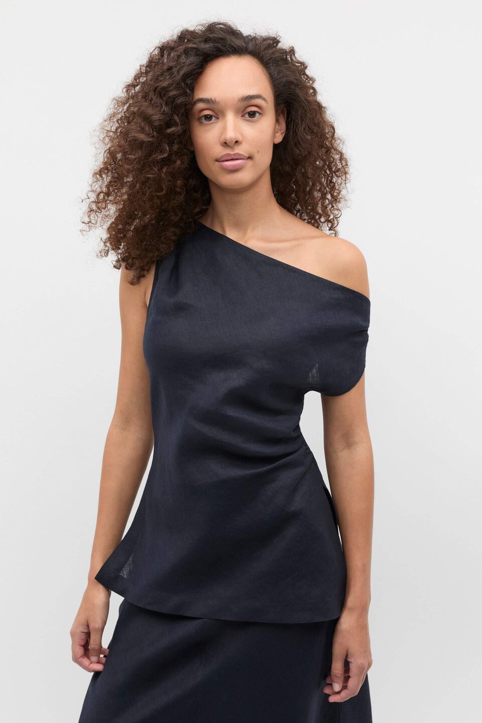 Linen Draped Shoulder Top  Twilight Blue
