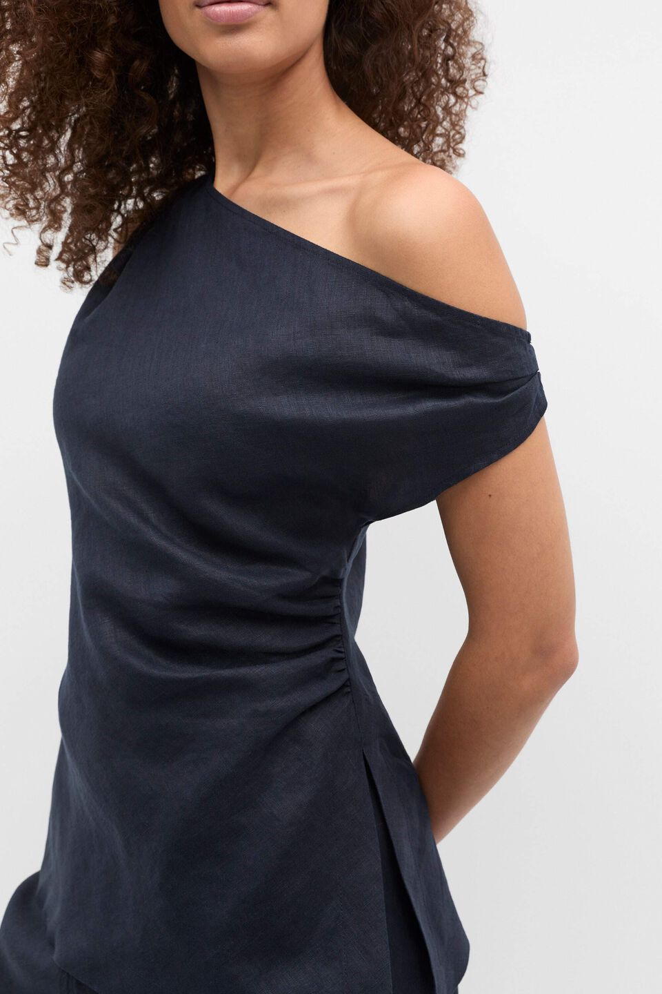 Linen Draped Shoulder Top  Twilight Blue