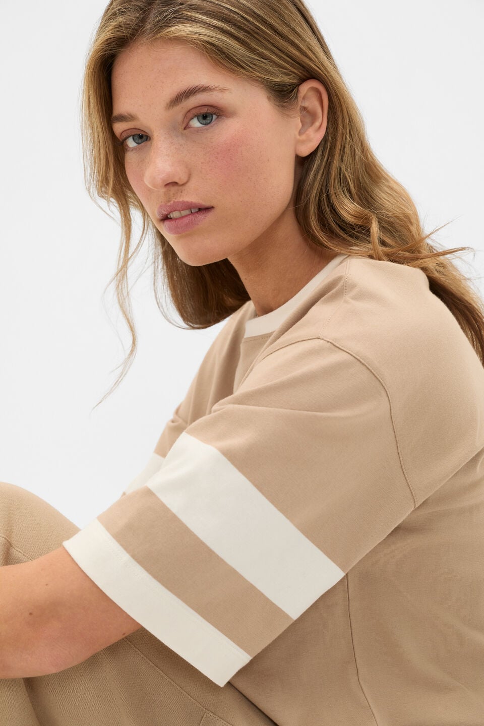 MD Cotton Contrast Boyfriend Tee  Sandstone