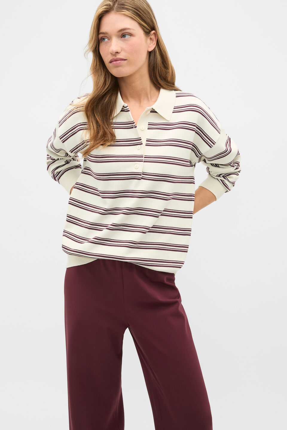 Variegated Stripe Polo Knit  Plum Red Stripe