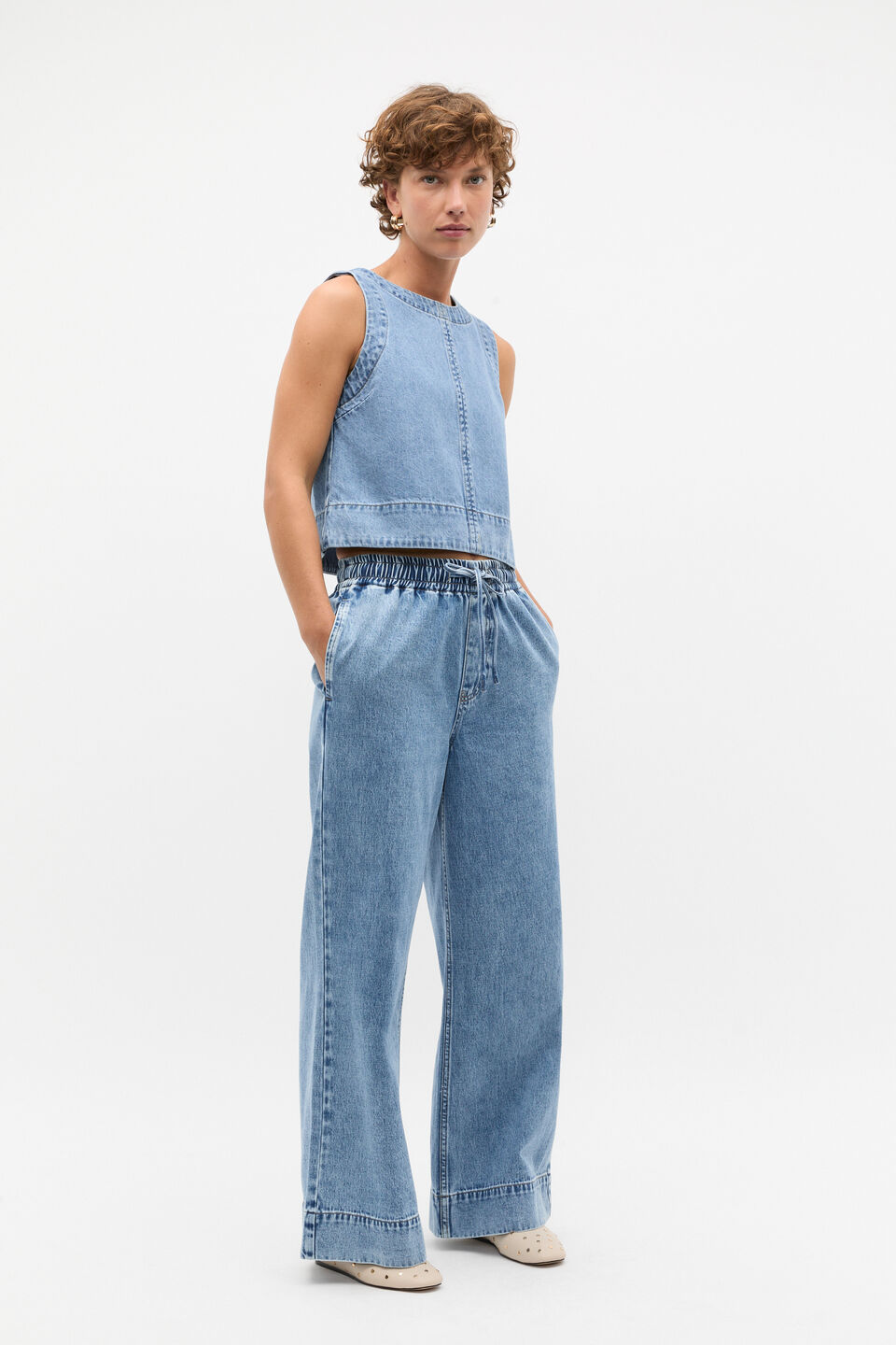 Elasticated Wide Leg Jean  Mist Blue Wash