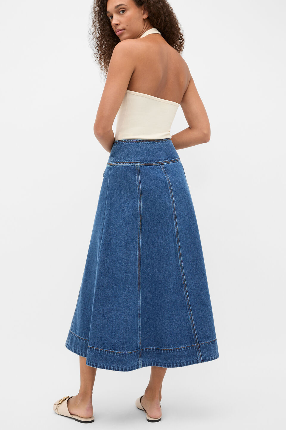 Denim Button Through Swing Skirt  Heritage Wash