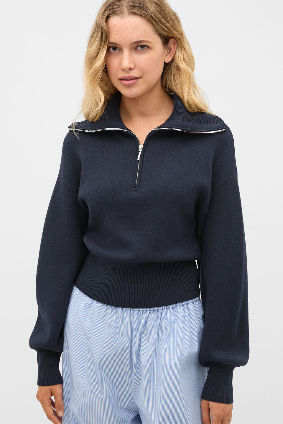 Double Knit Crop Zip Through  Twilight Blue