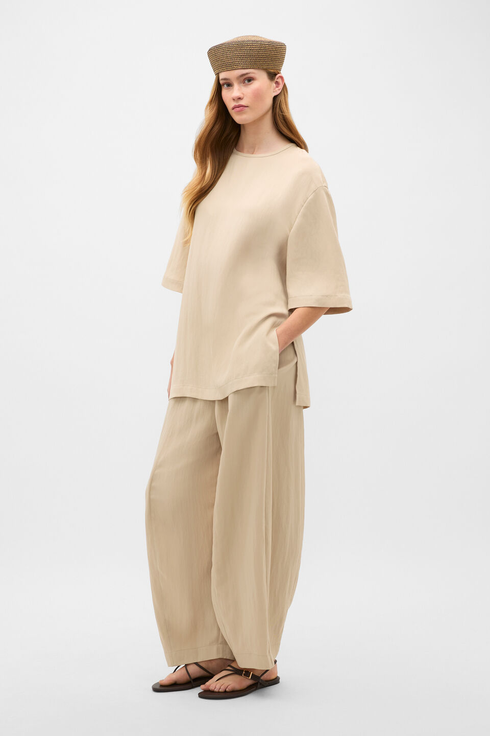 Textured Twill Longline Top  Warm Sand