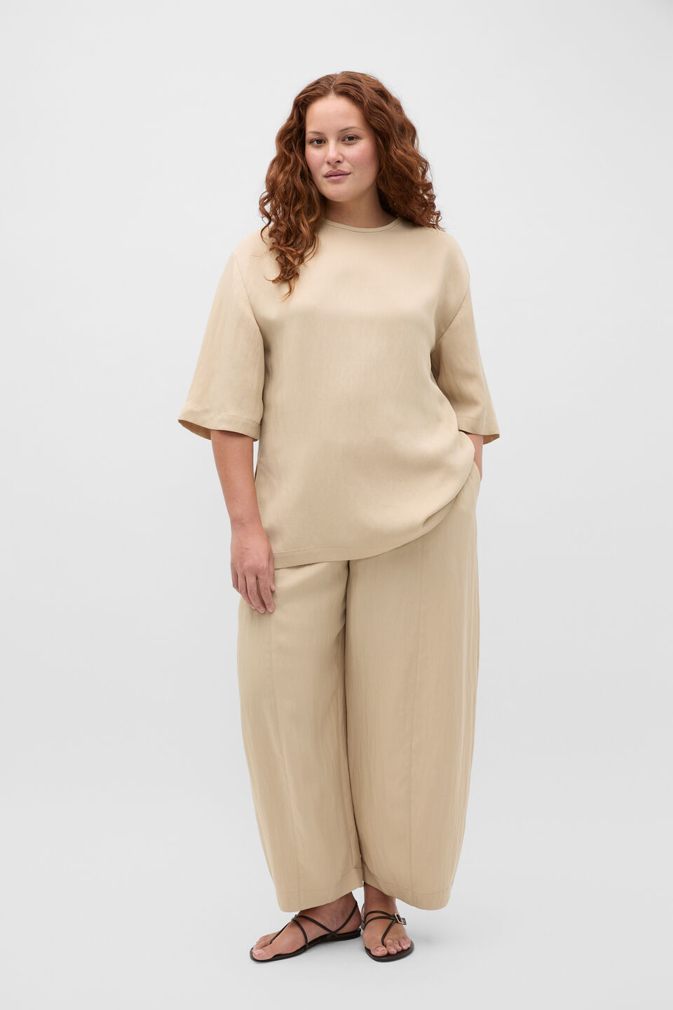 Textured Twill Longline Top  Warm Sand
