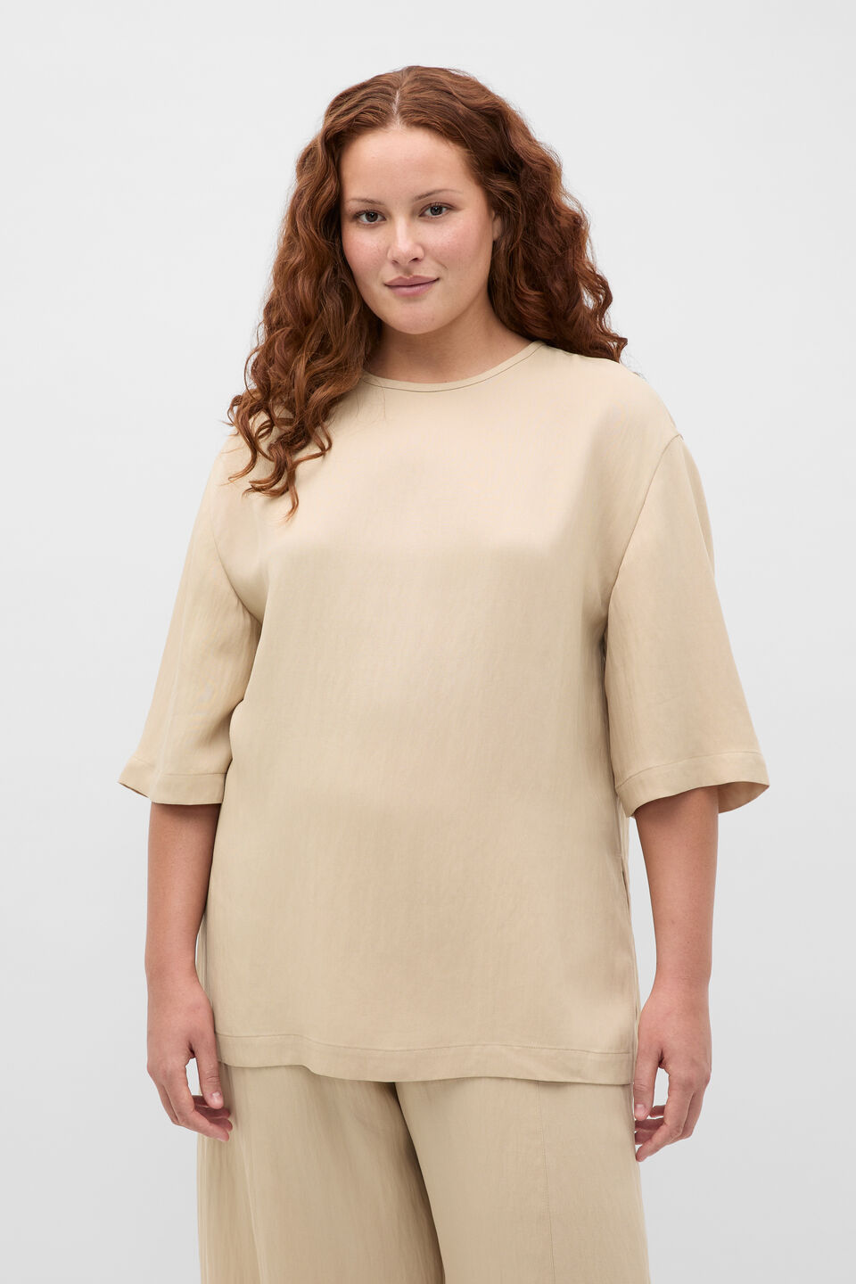 Textured Twill Longline Top  Warm Sand